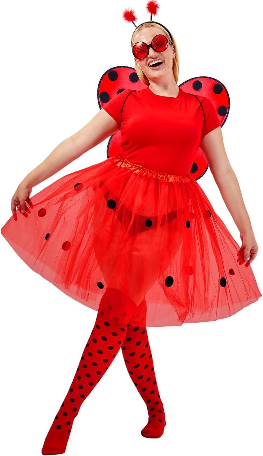 SATINIOR Ladybug Costume Accessories Tutu Skirt Ladybug Wings Antenna Headband Striped Knee Thigh High Socks Party Favor - TrendyLookz