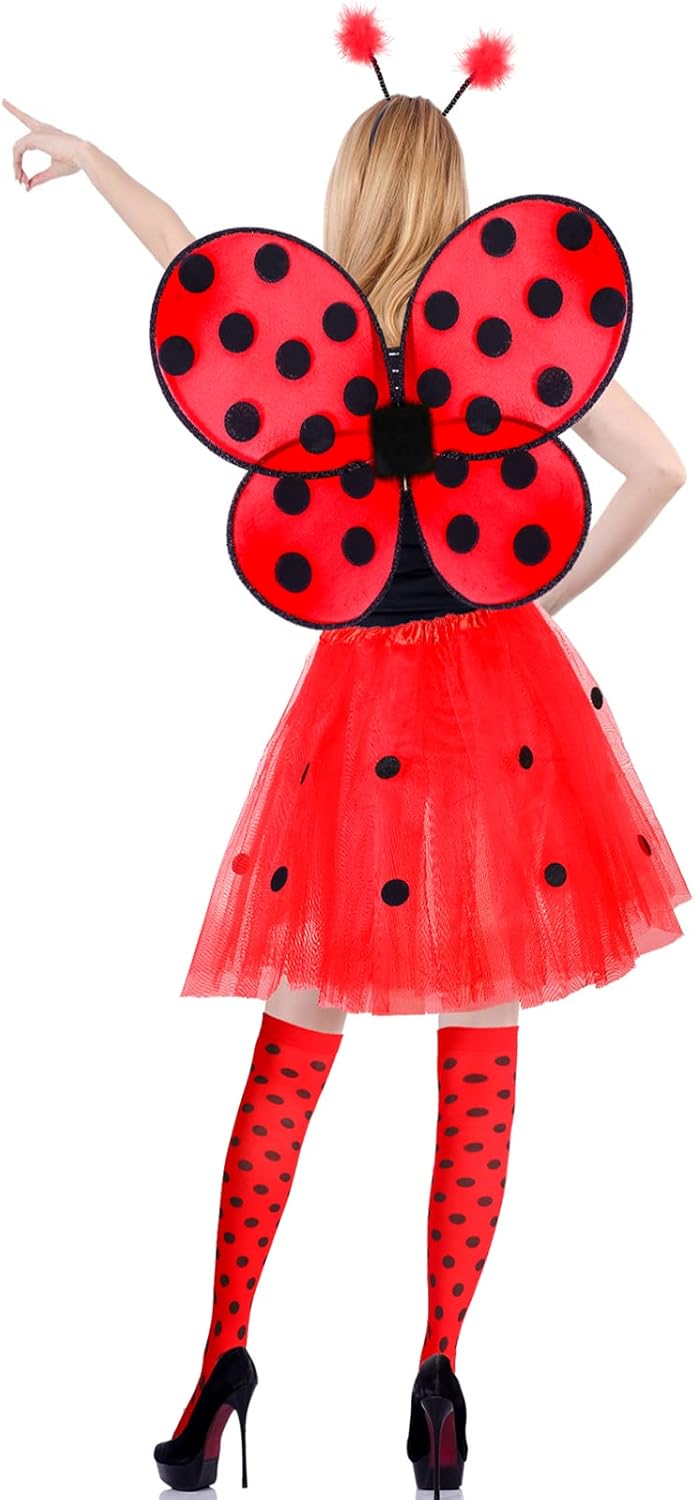 SATINIOR Ladybug Costume Accessories Tutu Skirt Ladybug Wings Antenna Headband Striped Knee Thigh High Socks Party Favor - TrendyLookz