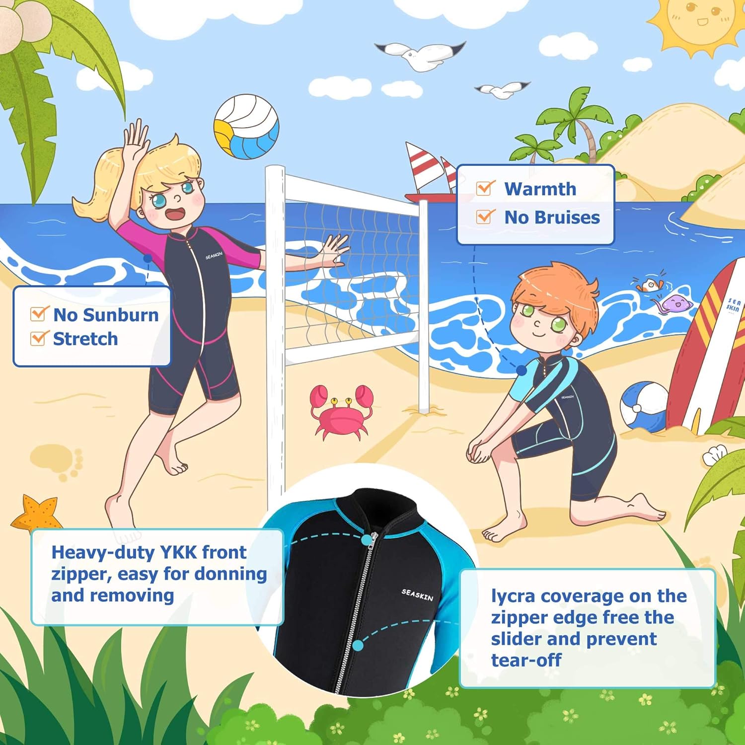 Seaskin Kids Wetsuit for Boys Girls Toddlers, 2mm Front Zipper Shorty Wetsuits, 3mm Back Zip Full Wetsuit, Neoprene Thermal Swimsuits for Diving Surfing Swim Lessons - TrendyLookz