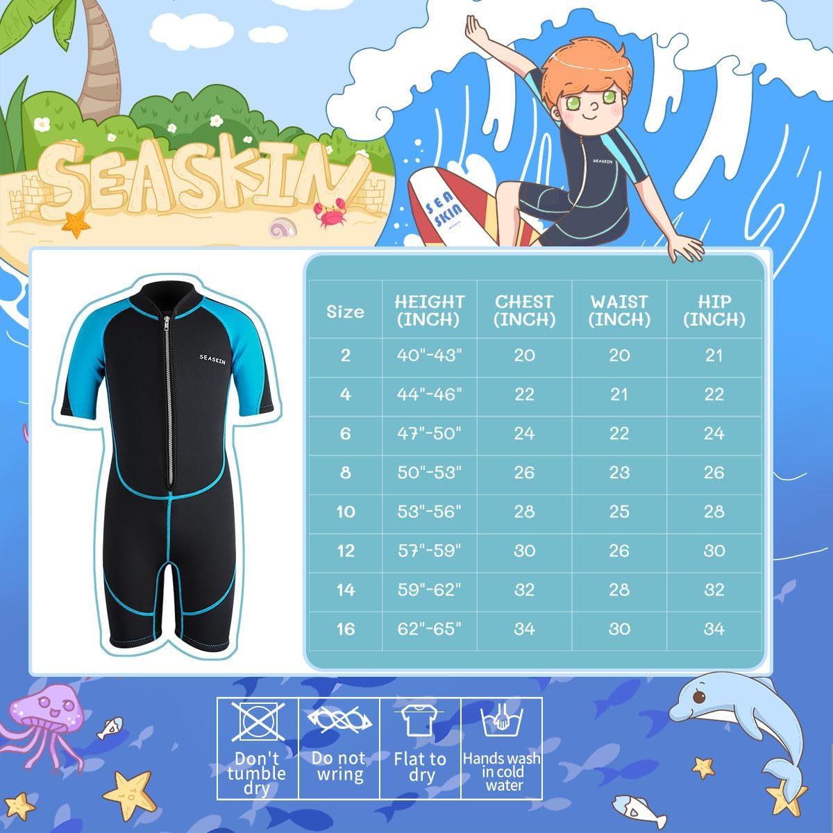 Seaskin Kids Wetsuit for Boys Girls Toddlers, 2mm Front Zipper Shorty Wetsuits, 3mm Back Zip Full Wetsuit, Neoprene Thermal Swimsuits for Diving Surfing Swim Lessons - TrendyLookz