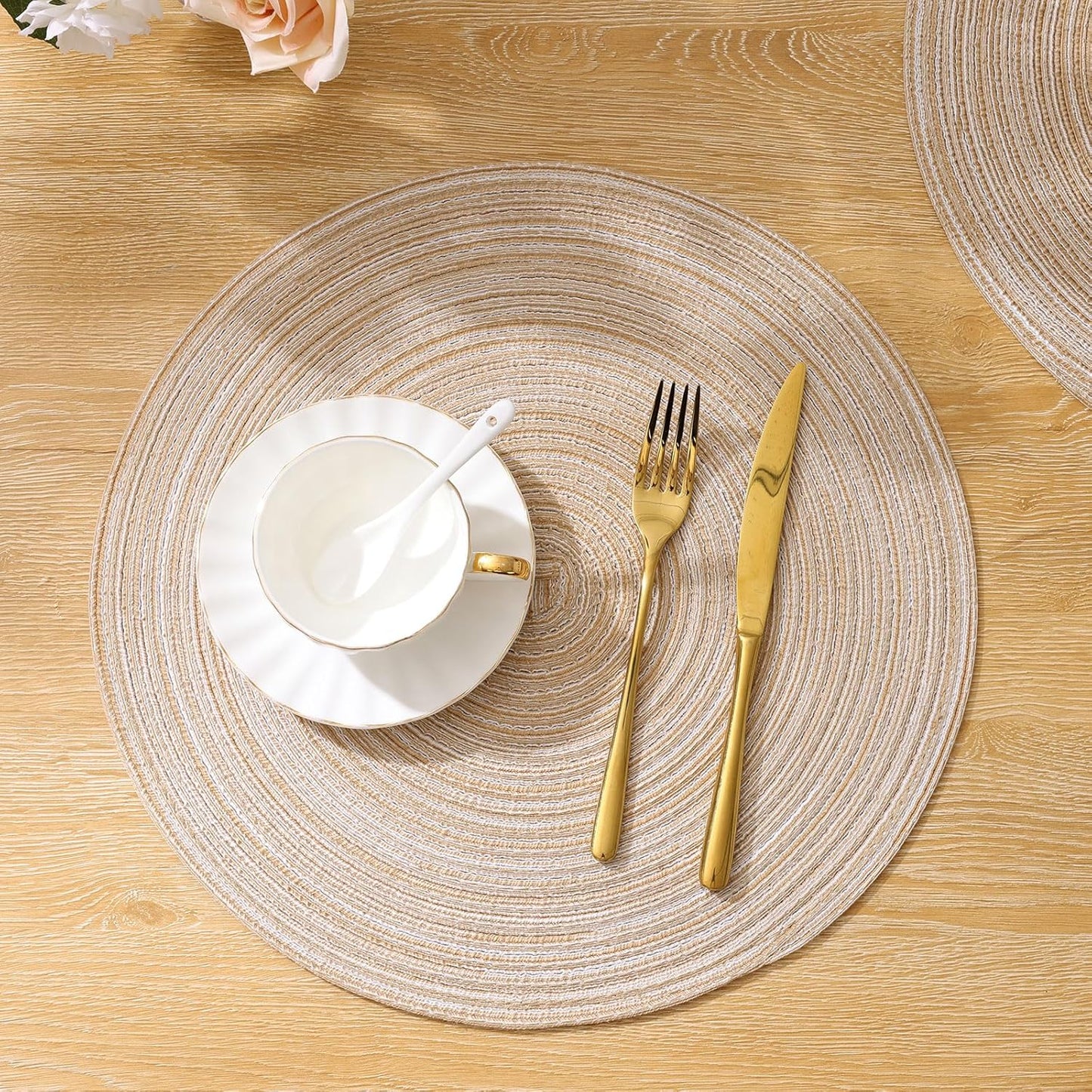 SHACOS Round Braided Placemats Set of 4 Round Table Mats for Dining Tables 15 inch Washable Kitchen Table Place Mats Indoor (Beige, 4) - TrendyLookz