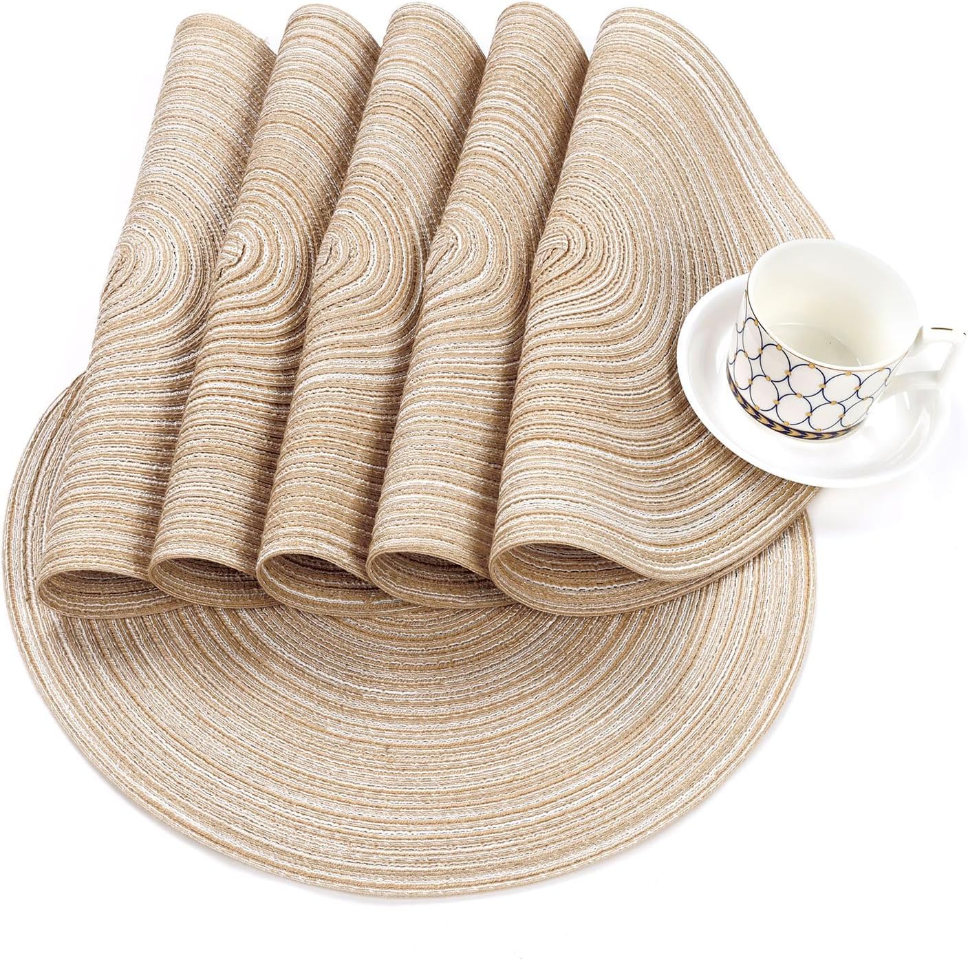 SHACOS Round Braided Placemats Set of 4 Round Table Mats for Dining Tables 15 inch Washable Kitchen Table Place Mats Indoor (Beige, 4) - TrendyLookz
