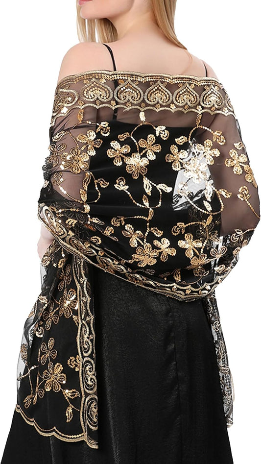 Shawls and Wraps for Evening Dresses,Women Formal 1920s Sequin Flower Sheer Shawls and Wraps for Wedding - TrendyLookz