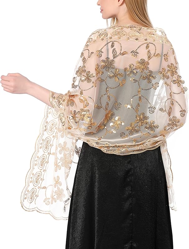 Shawls and Wraps for Evening Dresses,Women Formal 1920s Sequin Flower Sheer Shawls and Wraps for Wedding - TrendyLookz