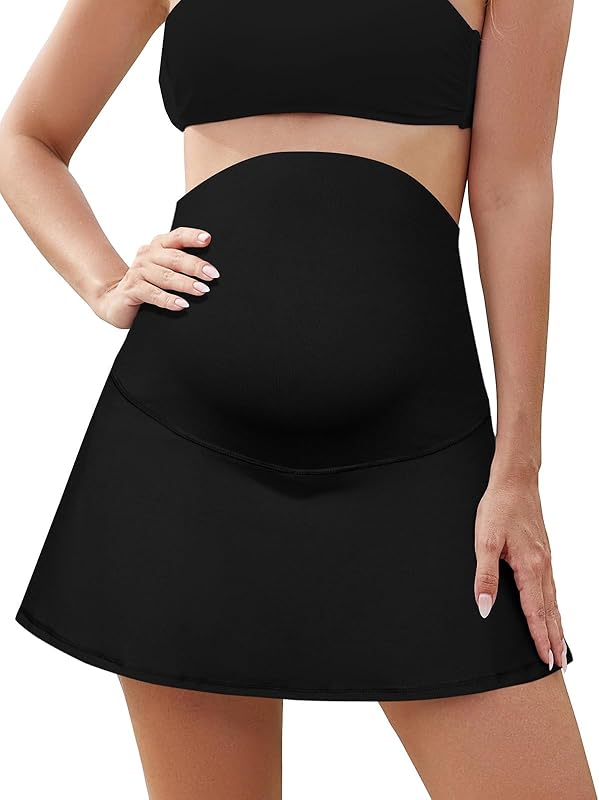 SHEKINI Maternity Ruched Skirts High Waist Sports Skirt Over The Belly Skirts Inner Shorts - TrendyLookz