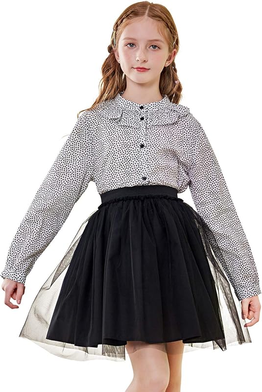SOLOCOTE Girls White Blouse Ruffle Long Sleeve Button Down Shirts Princess Cotton Loose Soft Tops Spring and Summer 3 - 14Y - TrendyLookz