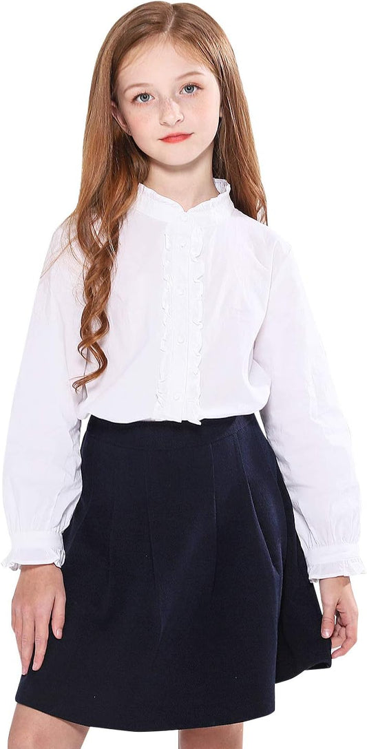 SOLOCOTE Girls White Blouse Ruffle Long Sleeve Button Down Shirts Princess Cotton Loose Soft Tops Spring and Summer 3 - 14Y - TrendyLookz