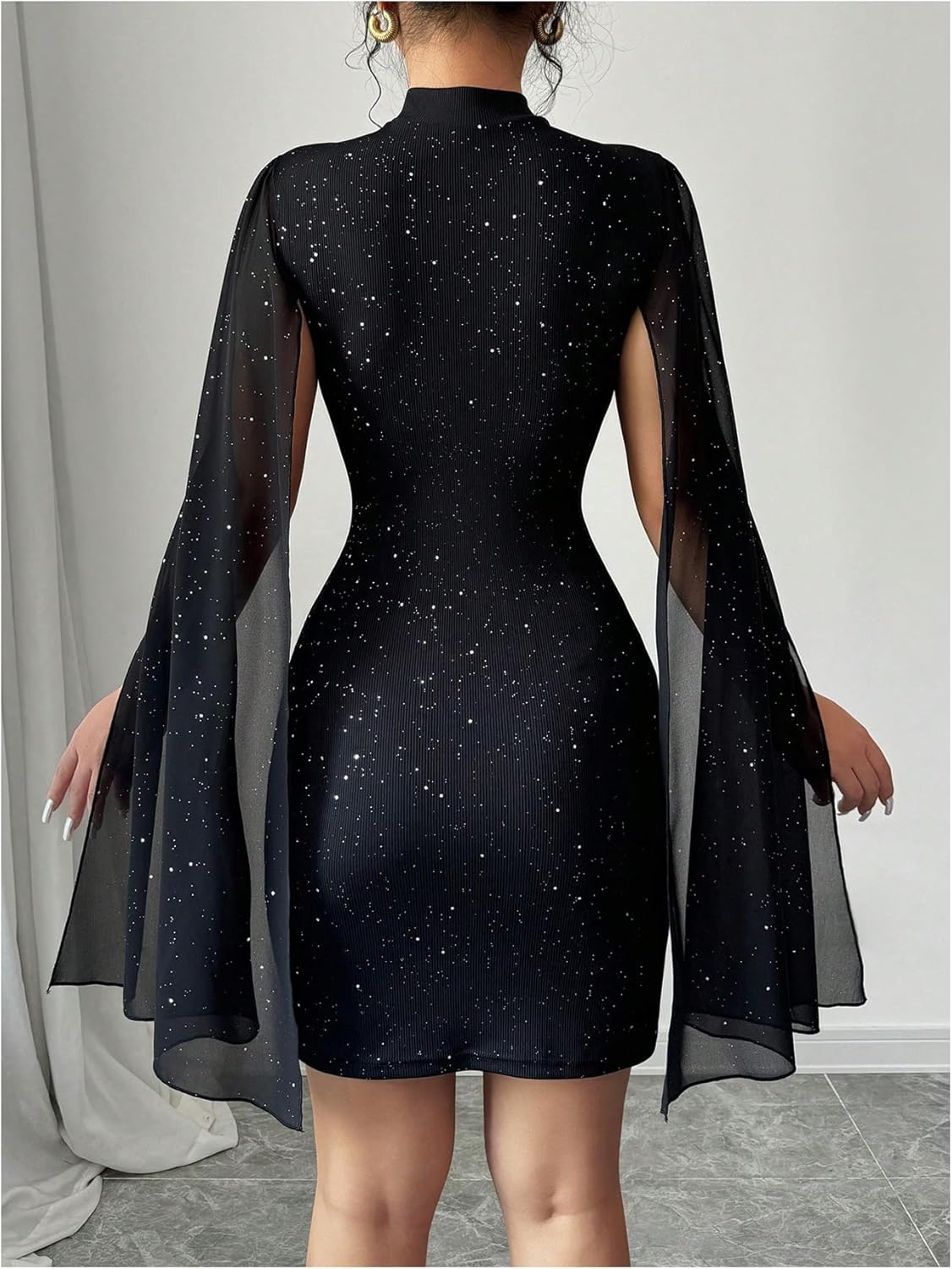 SOLY HUX Women's Sparkly Glitter Bodycon Mini Dress Sequin Long Bell Sleeve Mock Neck Prom Cocktail Party Dresses - TrendyLookz