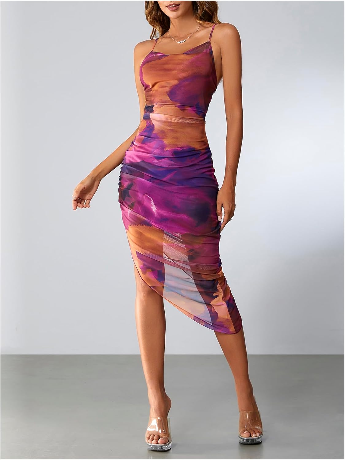 SOLY HUX Women's Tie Dye Cowl Neck Split Hem Bodycon Cami Dress Backless Long Dresses - TrendyLookz