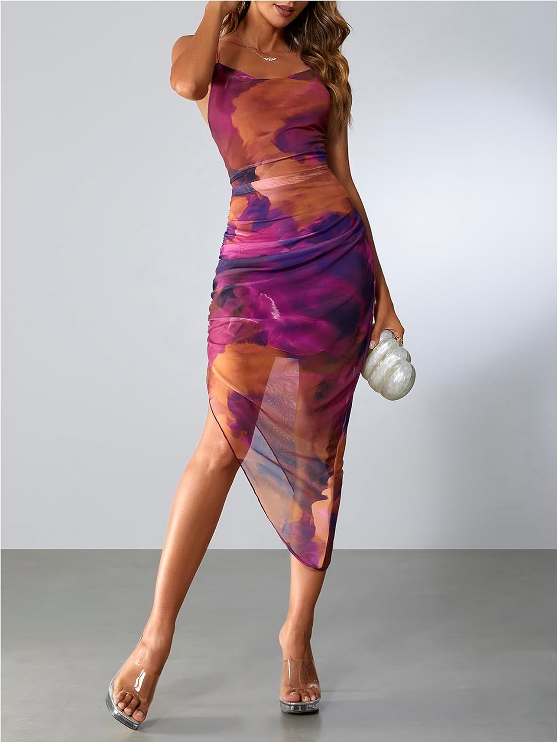 SOLY HUX Women's Tie Dye Cowl Neck Split Hem Bodycon Cami Dress Backless Long Dresses - TrendyLookz