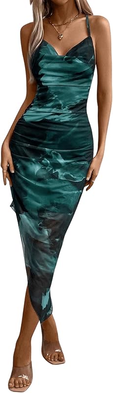 SOLY HUX Women's Tie Dye Cowl Neck Split Hem Bodycon Cami Dress Backless Long Dresses - TrendyLookz