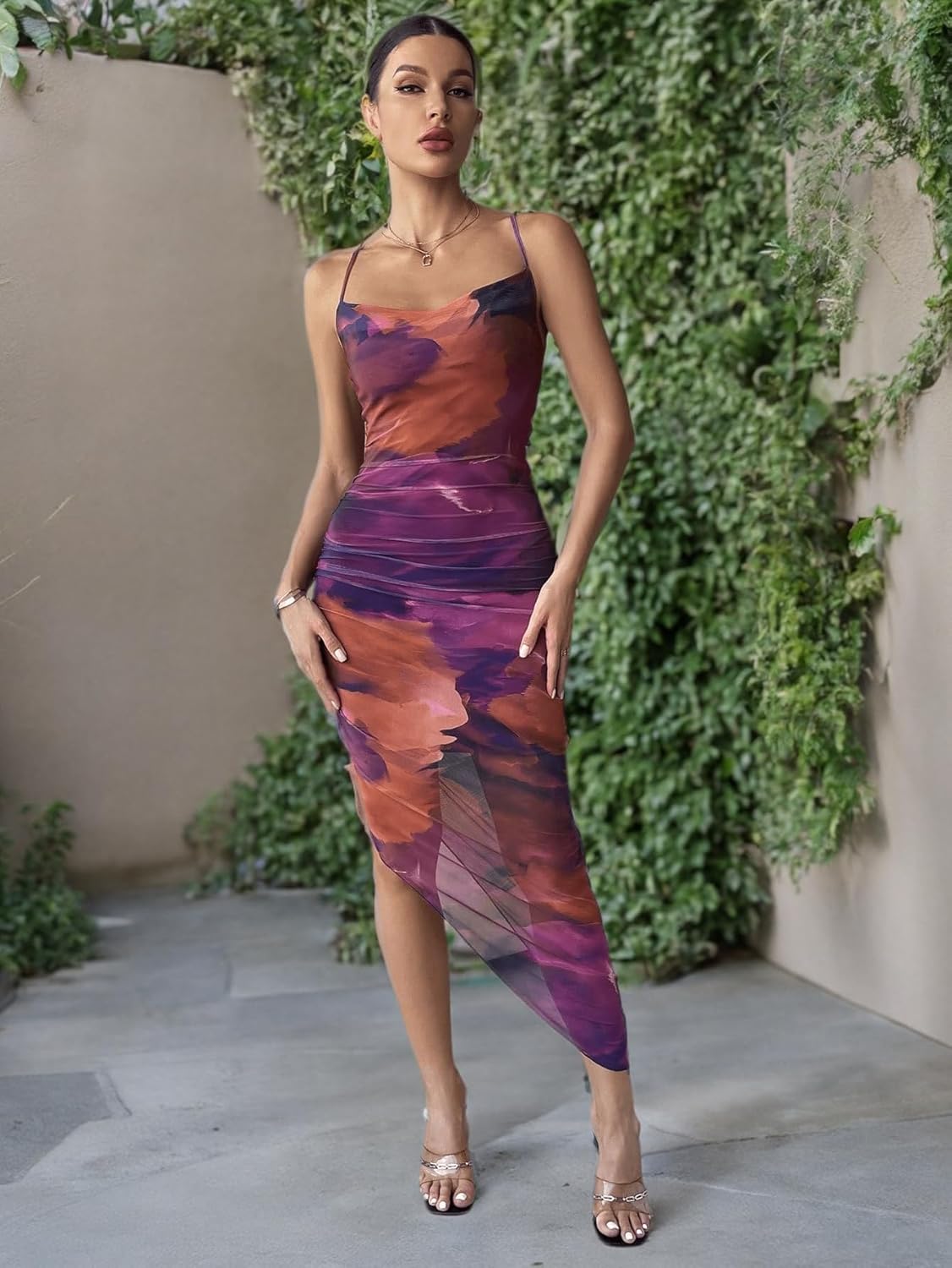 SOLY HUX Women's Tie Dye Cowl Neck Split Hem Bodycon Cami Dress Backless Long Dresses - TrendyLookz
