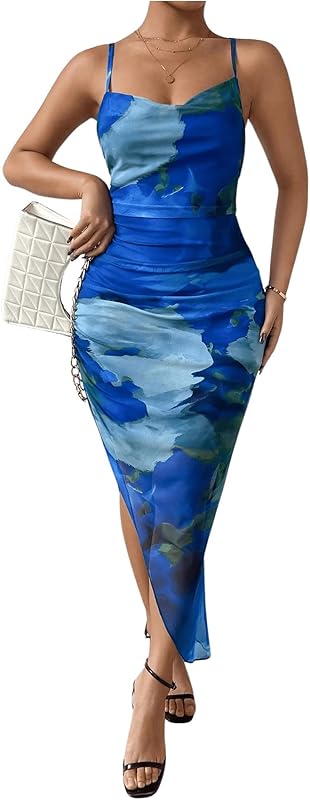 SOLY HUX Women's Tie Dye Cowl Neck Split Hem Bodycon Cami Dress Backless Long Dresses - TrendyLookz
