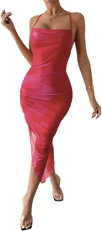 SOLY HUX Women's Tie Dye Cowl Neck Split Hem Bodycon Cami Dress Backless Long Dresses - TrendyLookz