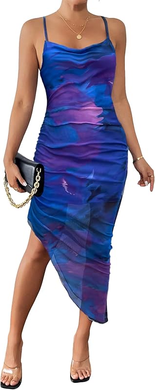 SOLY HUX Women's Tie Dye Cowl Neck Split Hem Bodycon Cami Dress Backless Long Dresses - TrendyLookz