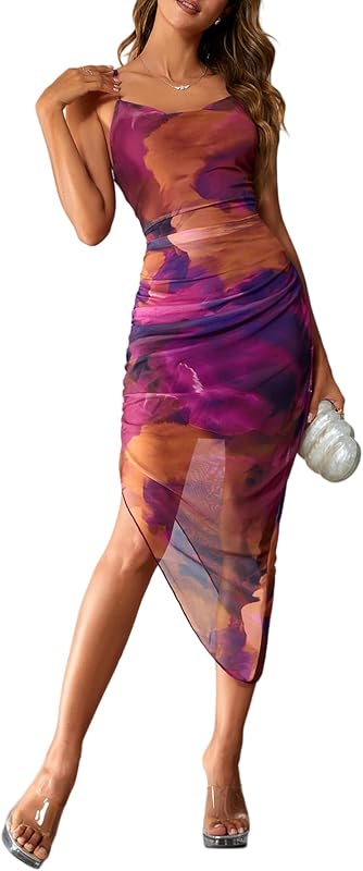 SOLY HUX Women's Tie Dye Cowl Neck Split Hem Bodycon Cami Dress Backless Long Dresses - TrendyLookz