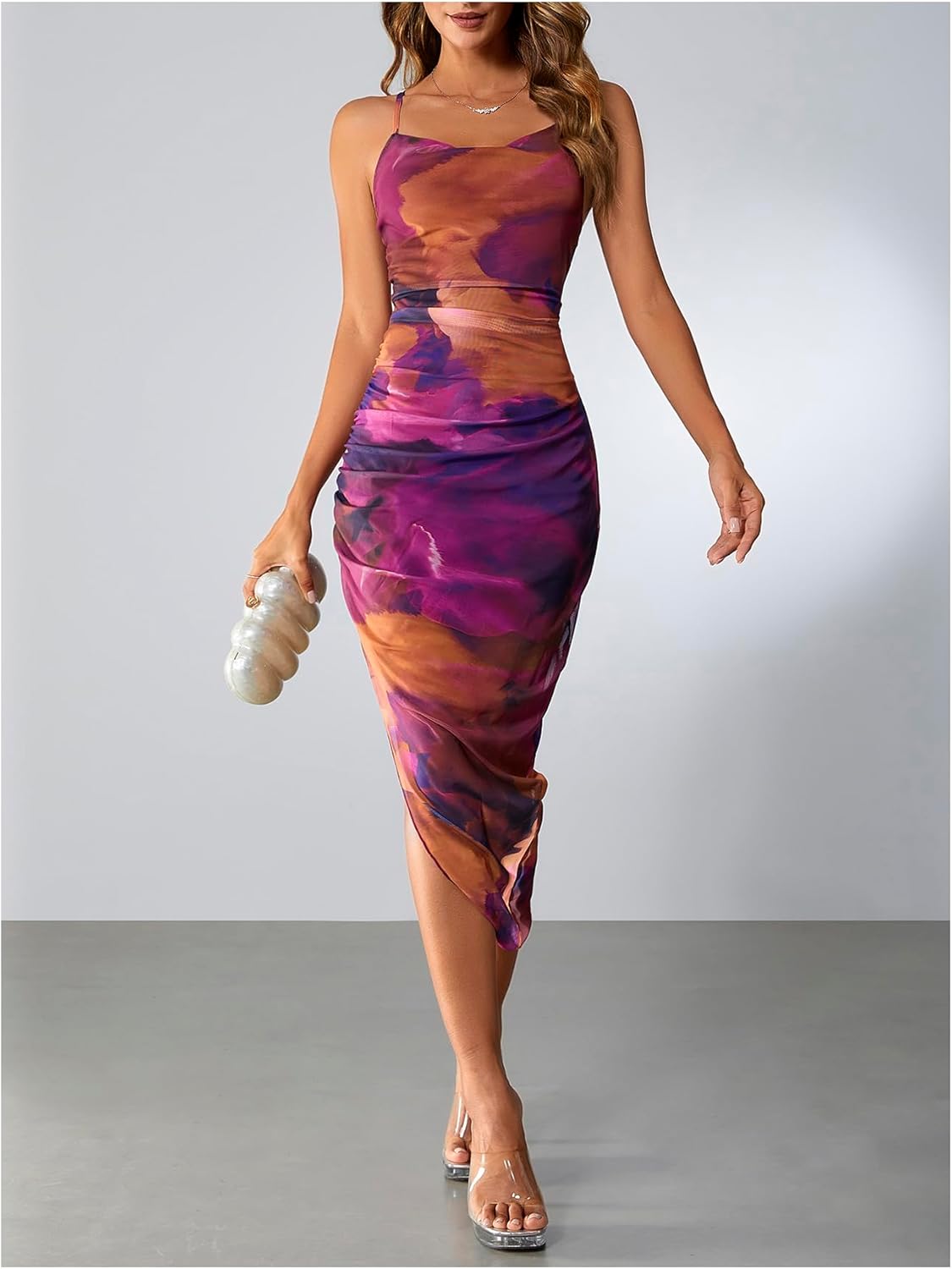 SOLY HUX Women's Tie Dye Cowl Neck Split Hem Bodycon Cami Dress Backless Long Dresses - TrendyLookz