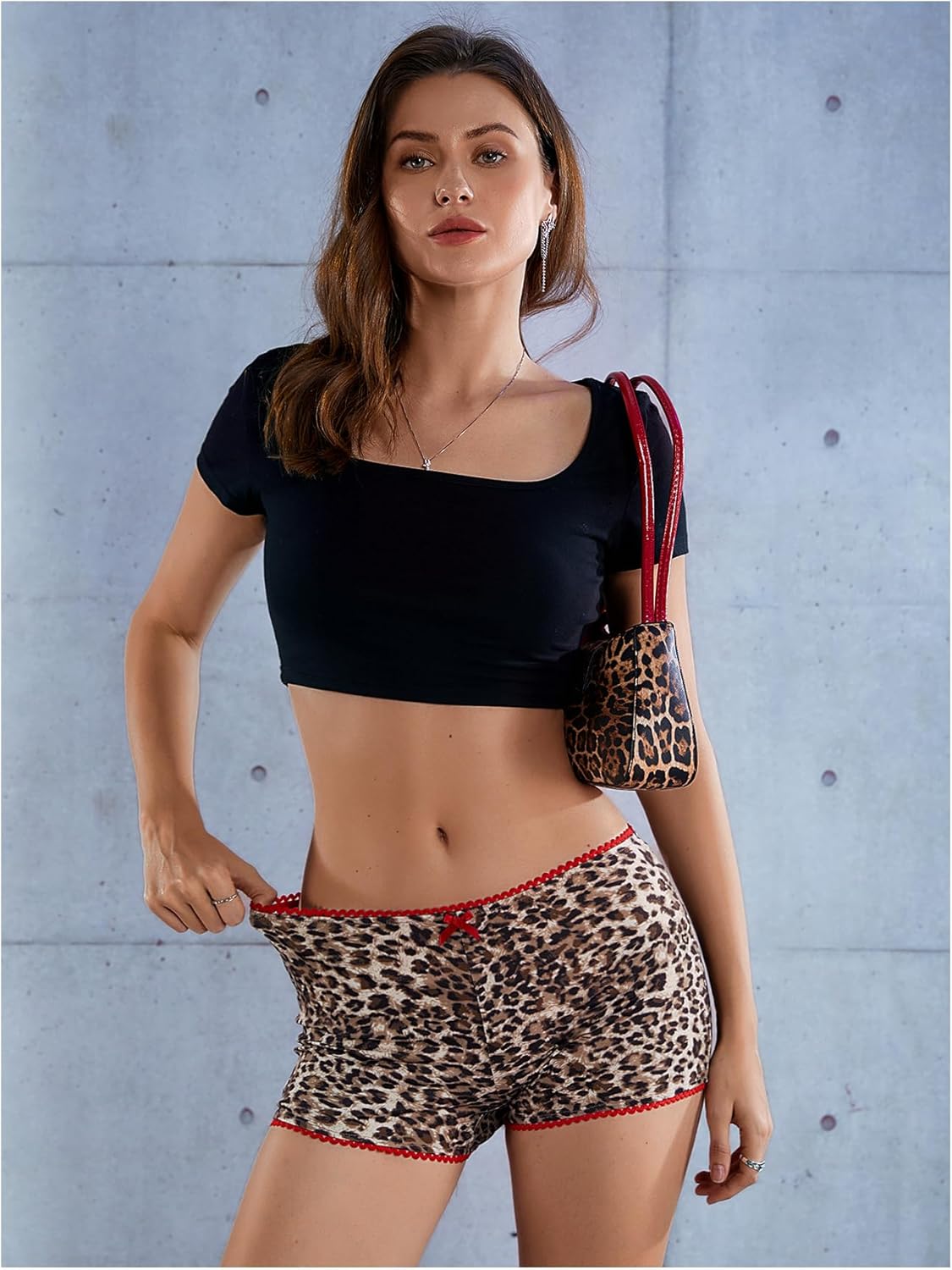 SOLY HUX Women's Y2k Lace Trim Leopard Shorts Drop Waist Skinny Mini Shorts Party Clubwear - TrendyLookz