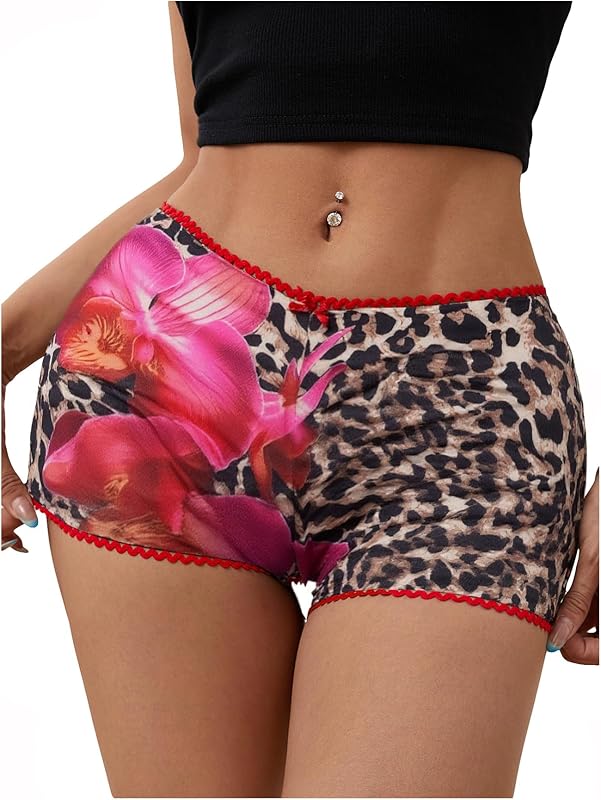 SOLY HUX Women's Y2k Lace Trim Leopard Shorts Drop Waist Skinny Mini Shorts Party Clubwear - TrendyLookz