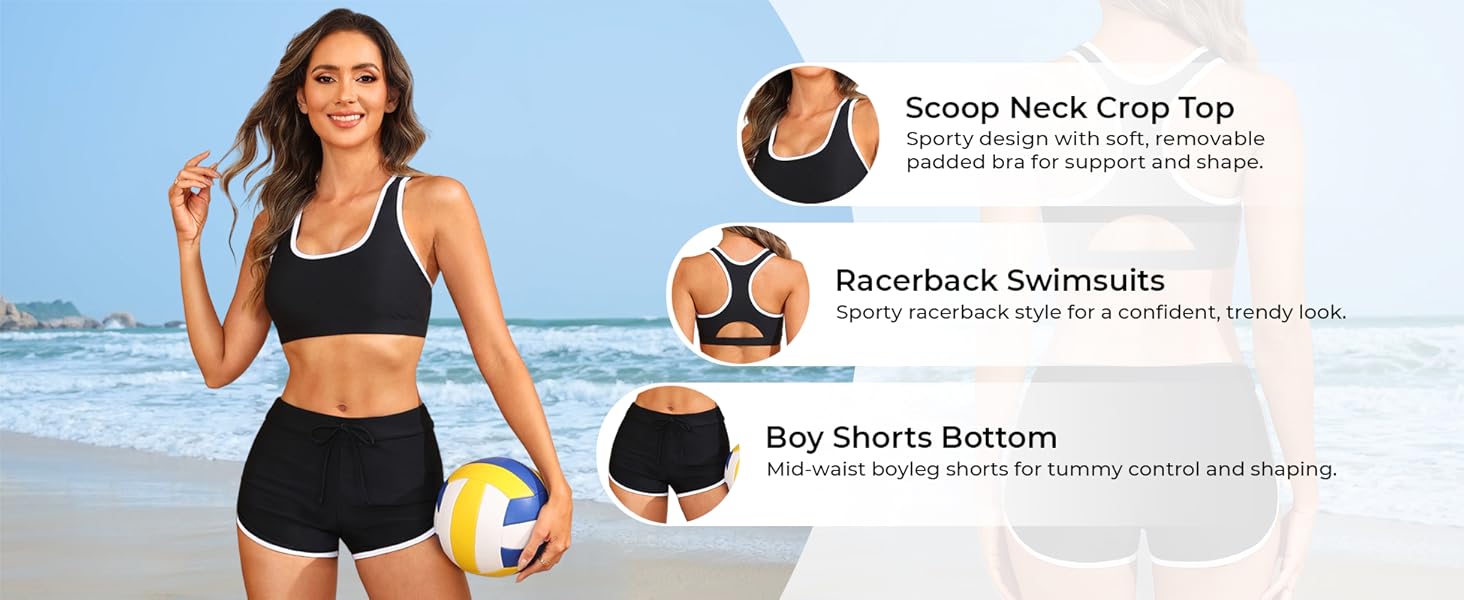 Tempt Me Women Two Piece Sports Bikini Athletic Swimsuits Racerback Crop Top with Boy Shorts Bathing Suits for Girls Vests - TrendyLookz