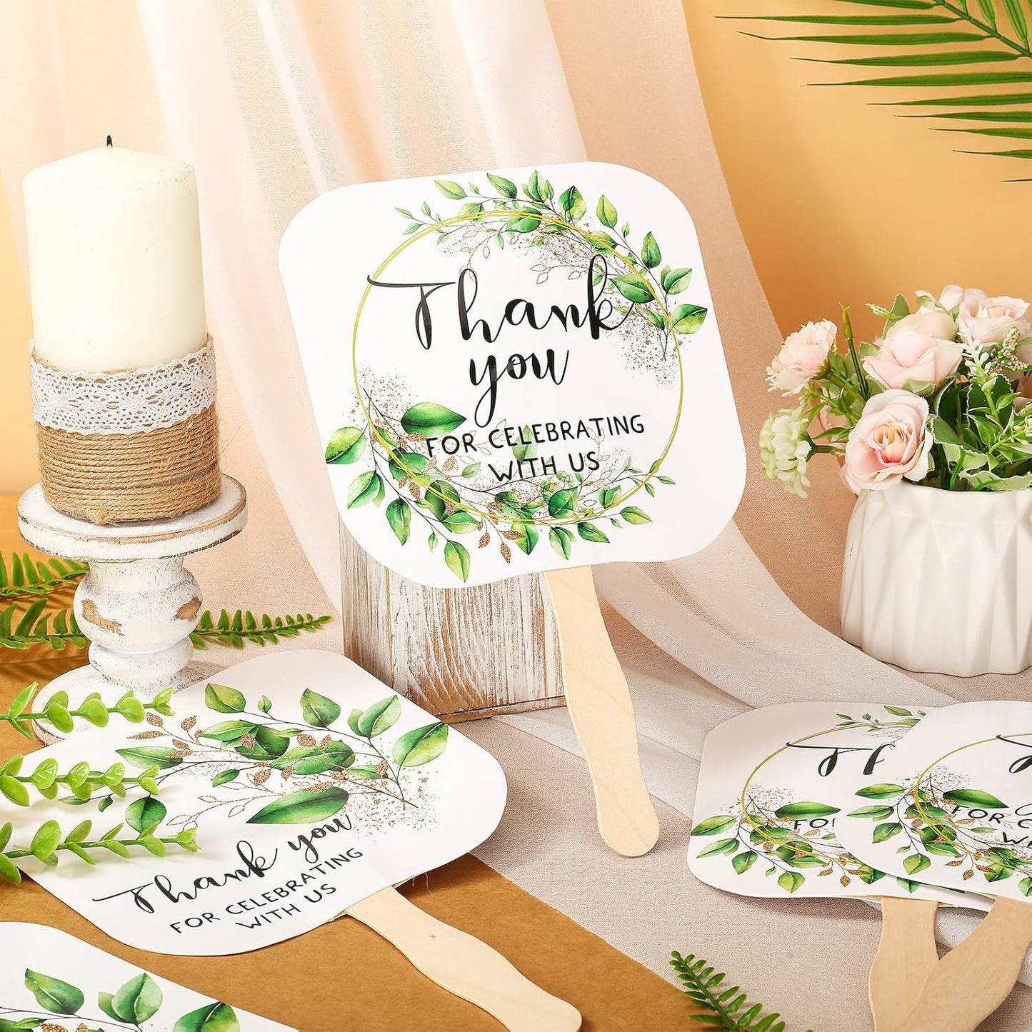 Tradder 50 Pcs Weeding Fans for Guest Weeding Paper Fan Hand Bulk Thank You for Celebrating with Us Bride Bridesmaid Favors Guest Gift for Bridal Wedding Baby Shower Party Decoration (Green Leaf) - TrendyLookz