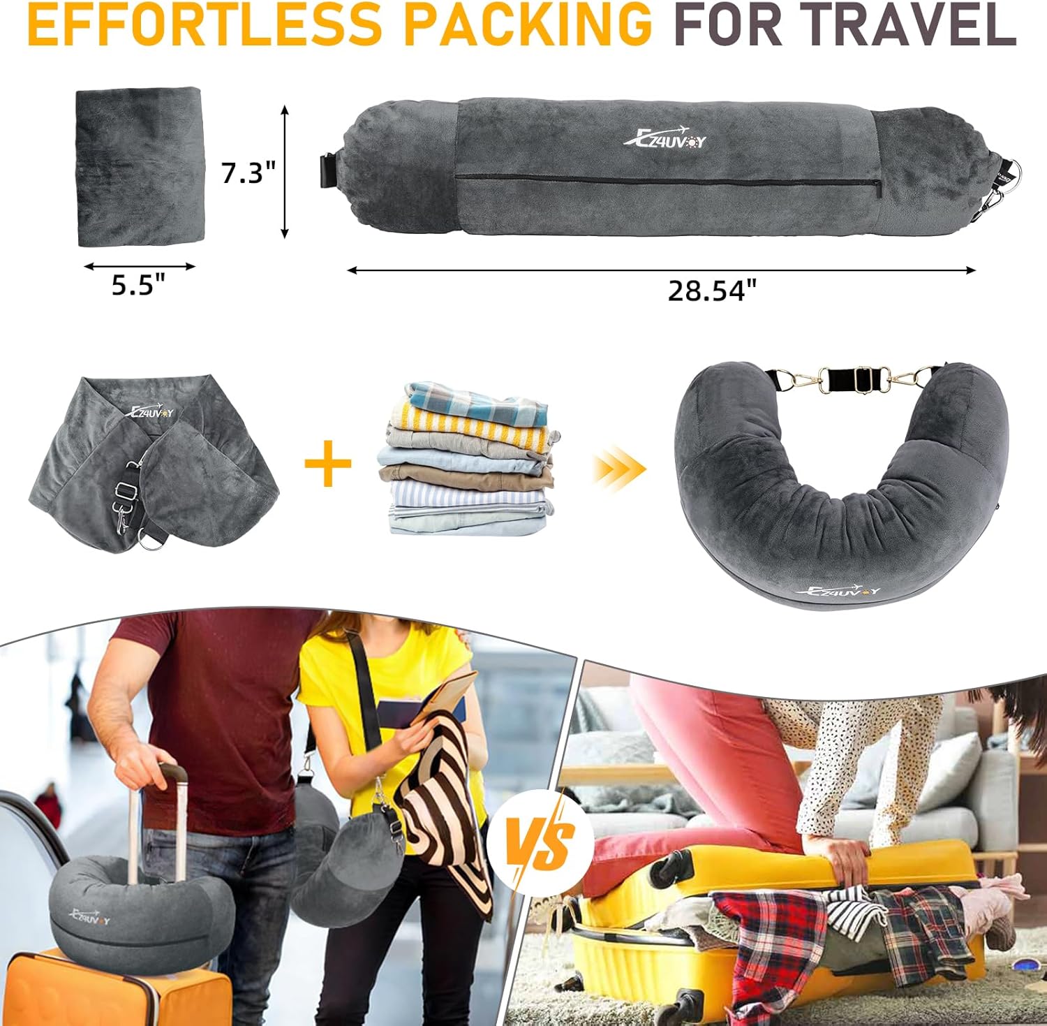 Travel Neck Pillow Stuffable with Clothes, Stuffable Neck Pillow for Travel, Packable Fillable Storage Bag for Airplane Travel, Soft Velvet Neck Pillow Case Cover - TrendyLookz