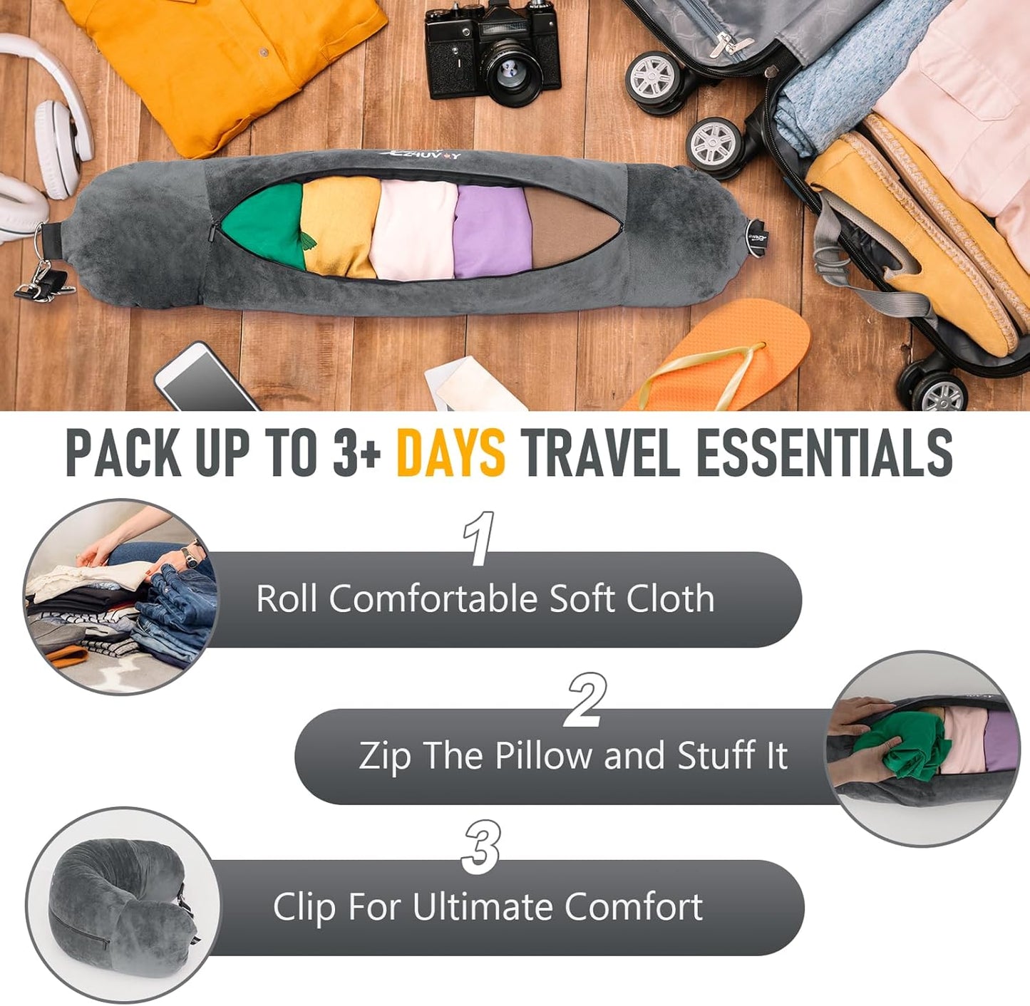 Travel Neck Pillow Stuffable with Clothes, Stuffable Neck Pillow for Travel, Packable Fillable Storage Bag for Airplane Travel, Soft Velvet Neck Pillow Case Cover - TrendyLookz