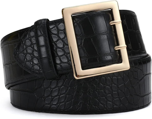 Wide Belts for Women Leather Wide Belts Fashion Thick Black Belt With Gold Buckle Belt for Dresses - TrendyLookz
