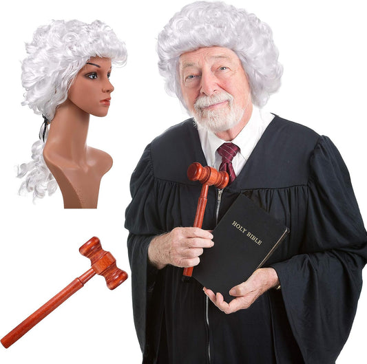WILLBOND 2 Pcs White Judge Wig and Wooden Gavel, Halloween Judge Lawyer Costume Accessories, Judge Dress up Cosplay Props for Adults - TrendyLookz