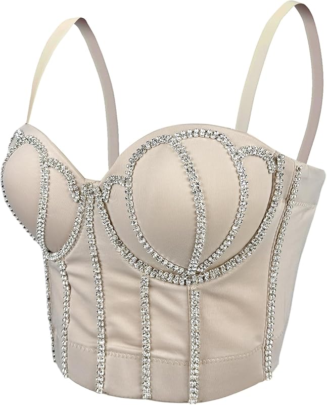 Women's Handmade Rhinestone Diamond Push up Bustier Crop Top Punk Corset Bra Vest With Detachable Strap - TrendyLookz