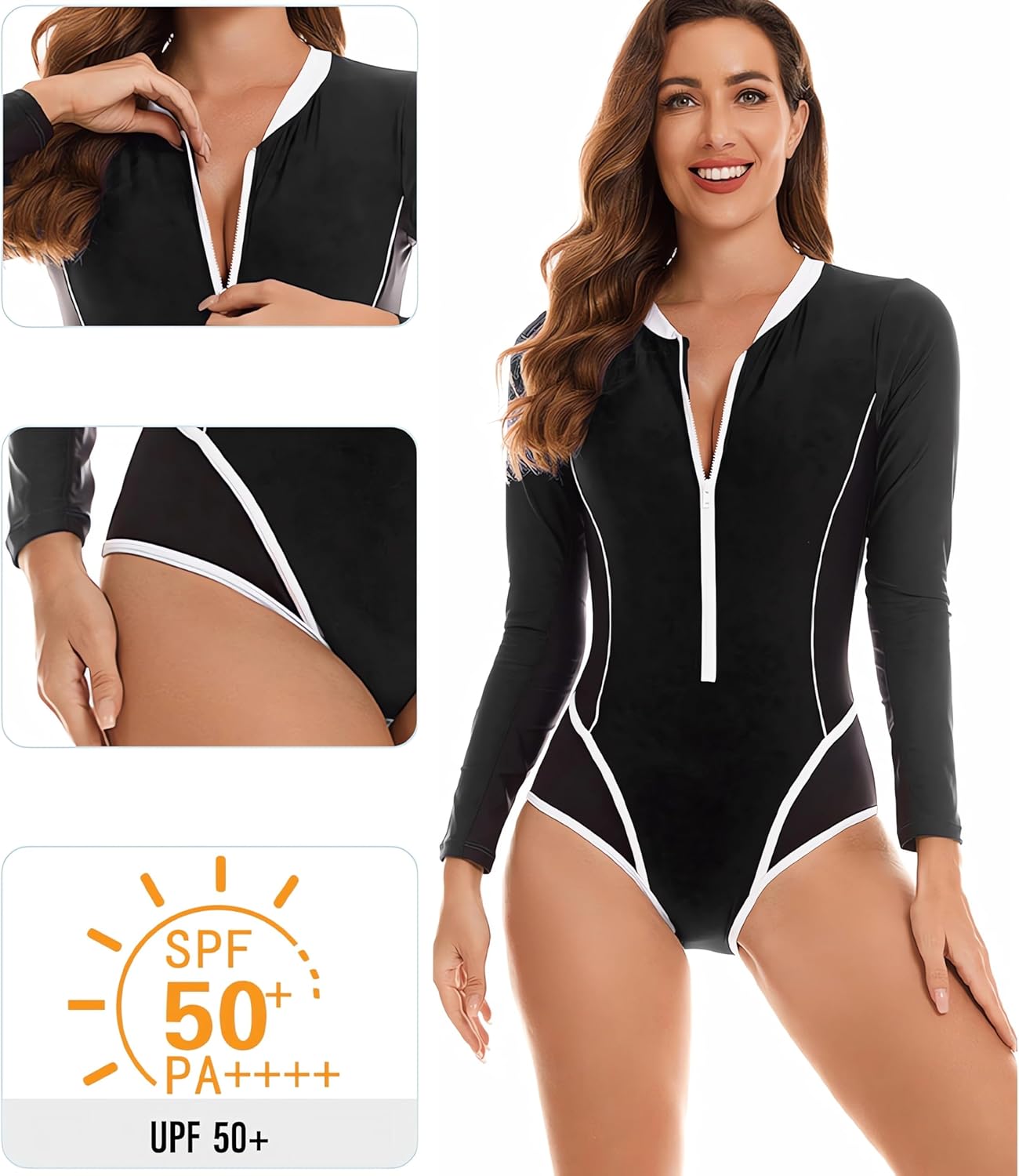 Womens Rash Guard Long Sleeve Bathing Suit One Piece Swimsuit Tummy Control Built in Bra UPF 50 Surfing Swimwear - TrendyLookz