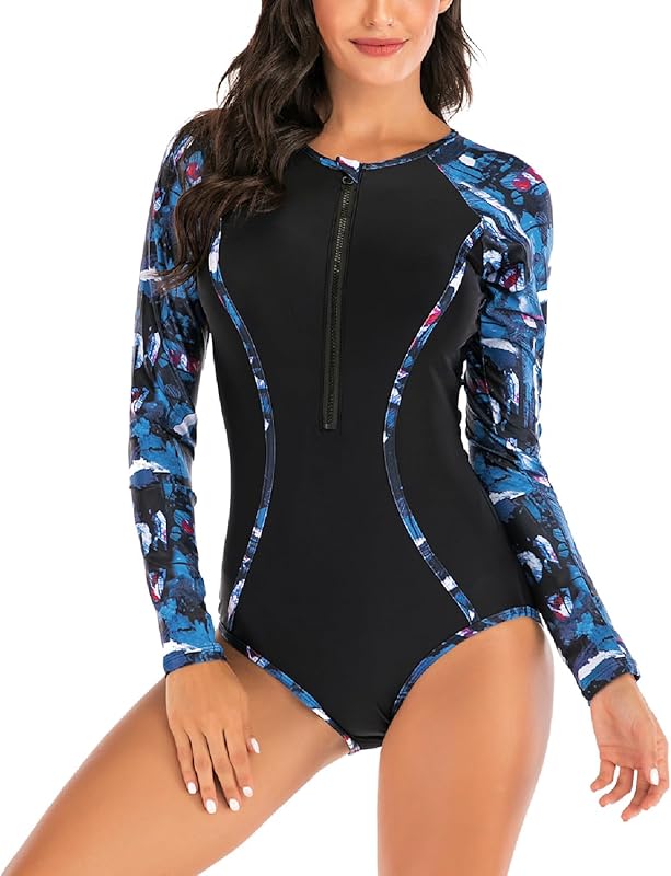 Womens Rash Guard Long Sleeve Bathing Suit One Piece Swimsuit Tummy Control Built in Bra UPF 50 Surfing Swimwear - TrendyLookz