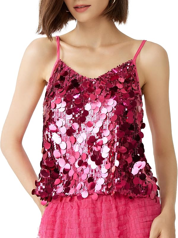 Women's Sequin Tops - V - Neck Sparkle Tank Tops - Spaghetti Strap Shimmer Camisole Party Club Cocktail Cami - TrendyLookz