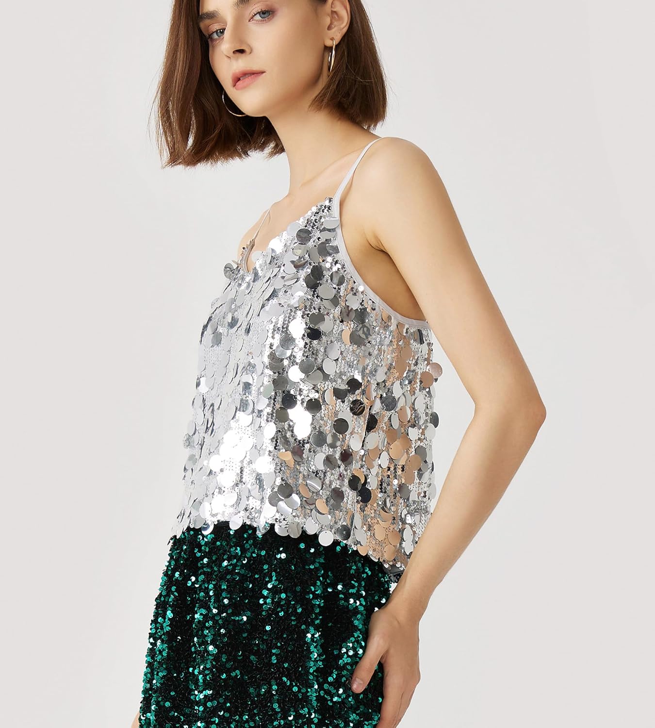 Women's Sequin Tops - V - Neck Sparkle Tank Tops - Spaghetti Strap Shimmer Camisole Party Club Cocktail Cami - TrendyLookz