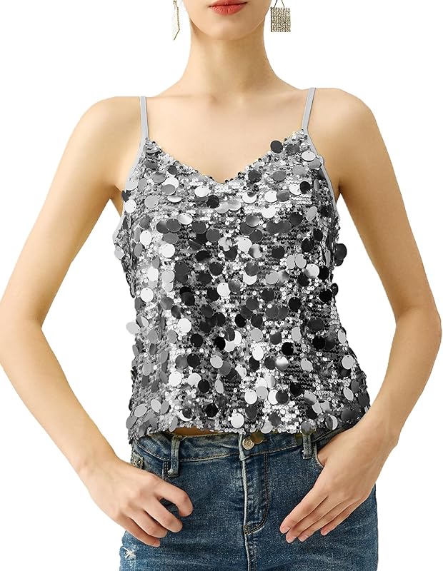 Women's Sequin Tops - V - Neck Sparkle Tank Tops - Spaghetti Strap Shimmer Camisole Party Club Cocktail Cami - TrendyLookz