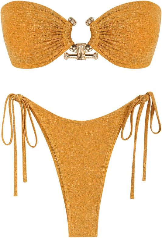 ZAFUL Metal Ring Bandeau Bikini Set Tie Side Bathing Suit High Cut 2 Piece Swimsuit Cutout Swimwear - TrendyLookz