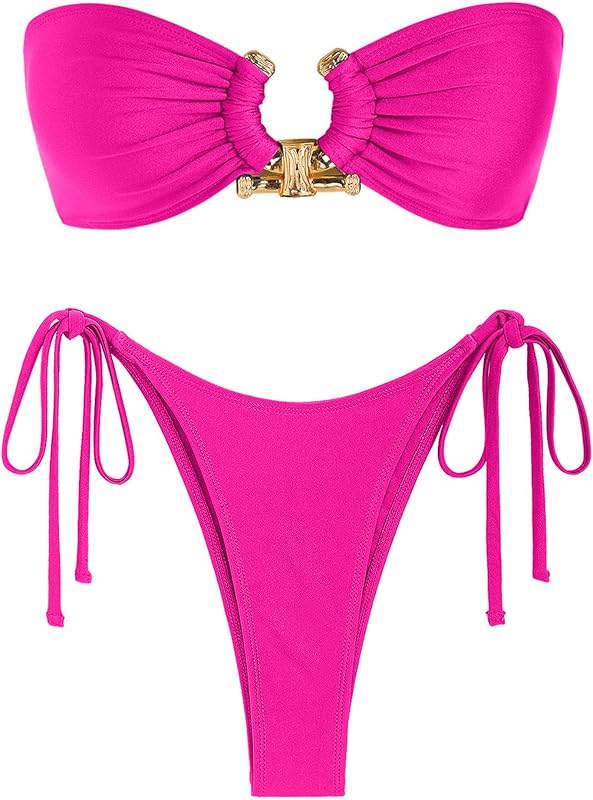 ZAFUL Metal Ring Bandeau Bikini Set Tie Side Bathing Suit High Cut 2 Piece Swimsuit Cutout Swimwear - TrendyLookz
