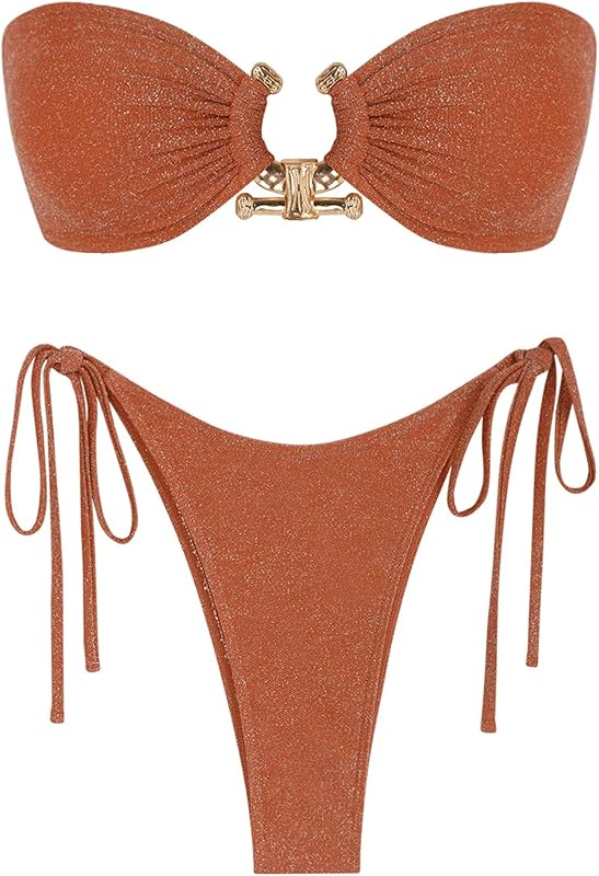 ZAFUL Metal Ring Bandeau Bikini Set Tie Side Bathing Suit High Cut 2 Piece Swimsuit Cutout Swimwear - TrendyLookz