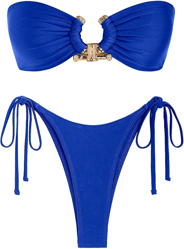 ZAFUL Metal Ring Bandeau Bikini Set Tie Side Bathing Suit High Cut 2 Piece Swimsuit Cutout Swimwear - TrendyLookz