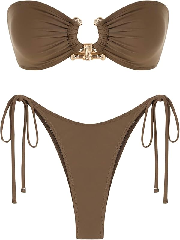 ZAFUL Metal Ring Bandeau Bikini Set Tie Side Bathing Suit High Cut 2 Piece Swimsuit Cutout Swimwear - TrendyLookz