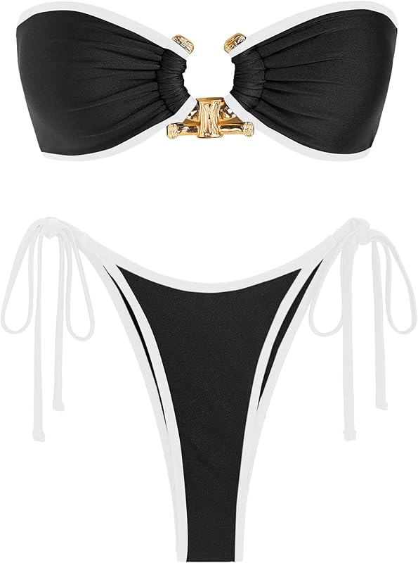 ZAFUL Metal Ring Bandeau Bikini Set Tie Side Bathing Suit High Cut 2 Piece Swimsuit Cutout Swimwear - TrendyLookz