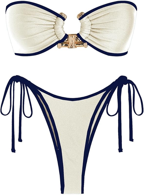 ZAFUL Metal Ring Bandeau Bikini Set Tie Side Bathing Suit High Cut 2 Piece Swimsuit Cutout Swimwear - TrendyLookz