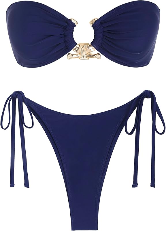 ZAFUL Metal Ring Bandeau Bikini Set Tie Side Bathing Suit High Cut 2 Piece Swimsuit Cutout Swimwear - TrendyLookz