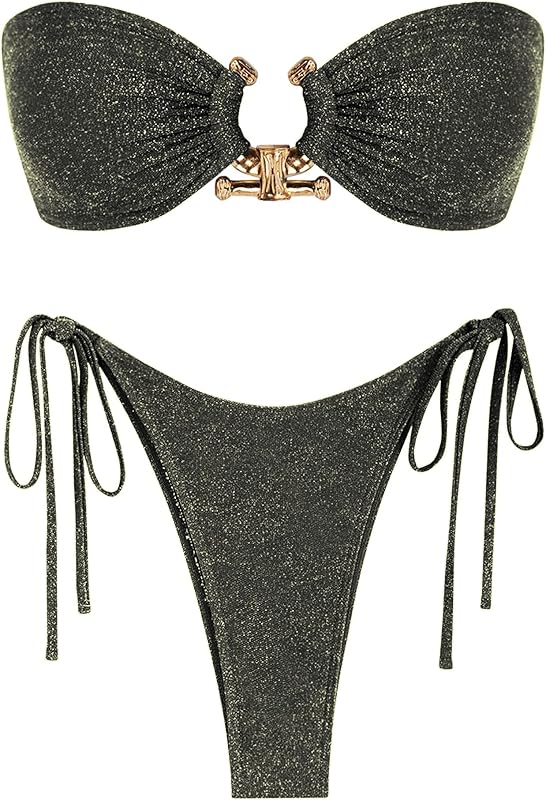 ZAFUL Metal Ring Bandeau Bikini Set Tie Side Bathing Suit High Cut 2 Piece Swimsuit Cutout Swimwear - TrendyLookz