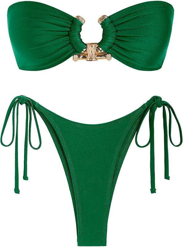 ZAFUL Metal Ring Bandeau Bikini Set Tie Side Bathing Suit High Cut 2 Piece Swimsuit Cutout Swimwear - TrendyLookz