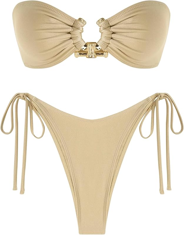 ZAFUL Metal Ring Bandeau Bikini Set Tie Side Bathing Suit High Cut 2 Piece Swimsuit Cutout Swimwear - TrendyLookz