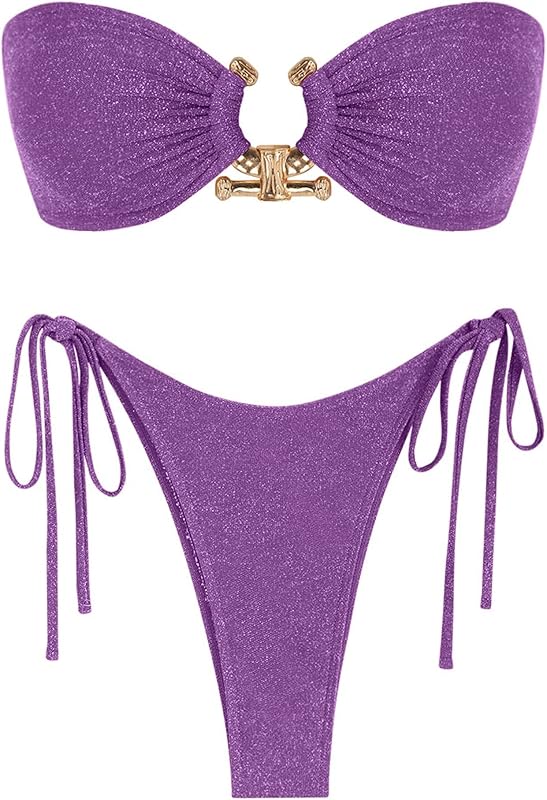 ZAFUL Metal Ring Bandeau Bikini Set Tie Side Bathing Suit High Cut 2 Piece Swimsuit Cutout Swimwear - TrendyLookz