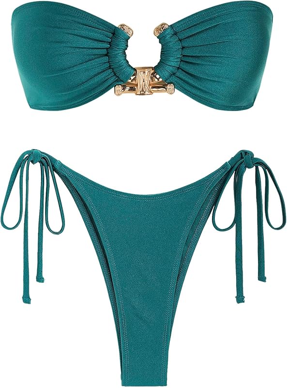 ZAFUL Metal Ring Bandeau Bikini Set Tie Side Bathing Suit High Cut 2 Piece Swimsuit Cutout Swimwear - TrendyLookz