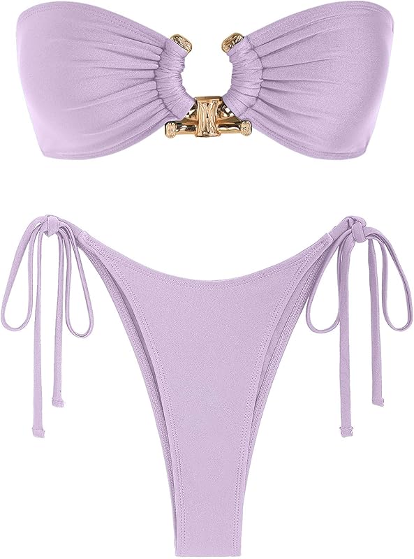 ZAFUL Metal Ring Bandeau Bikini Set Tie Side Bathing Suit High Cut 2 Piece Swimsuit Cutout Swimwear - TrendyLookz