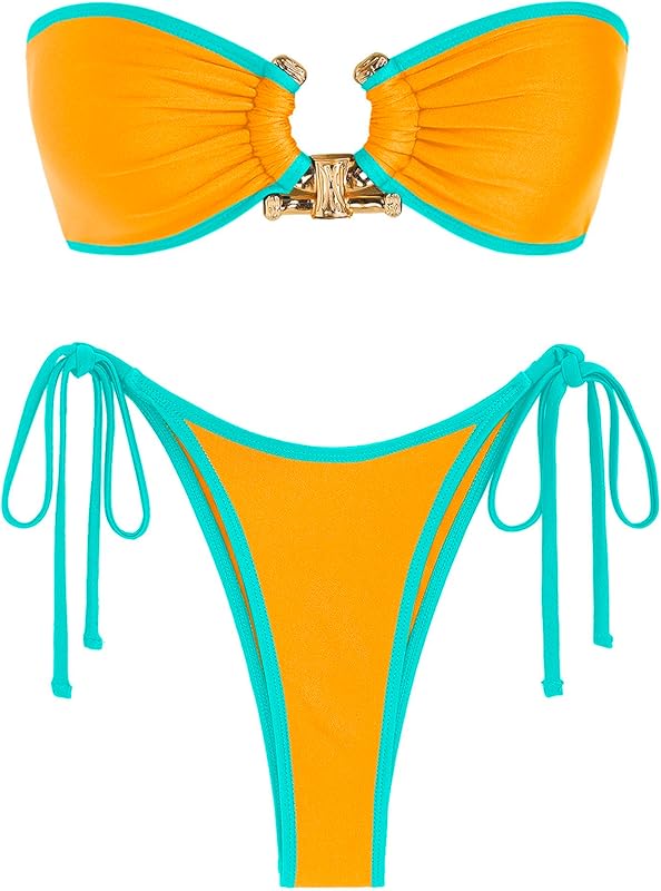 ZAFUL Metal Ring Bandeau Bikini Set Tie Side Bathing Suit High Cut 2 Piece Swimsuit Cutout Swimwear - TrendyLookz